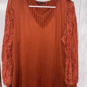 BloomChic Rust Lace Textured Long Sleeve Shirt